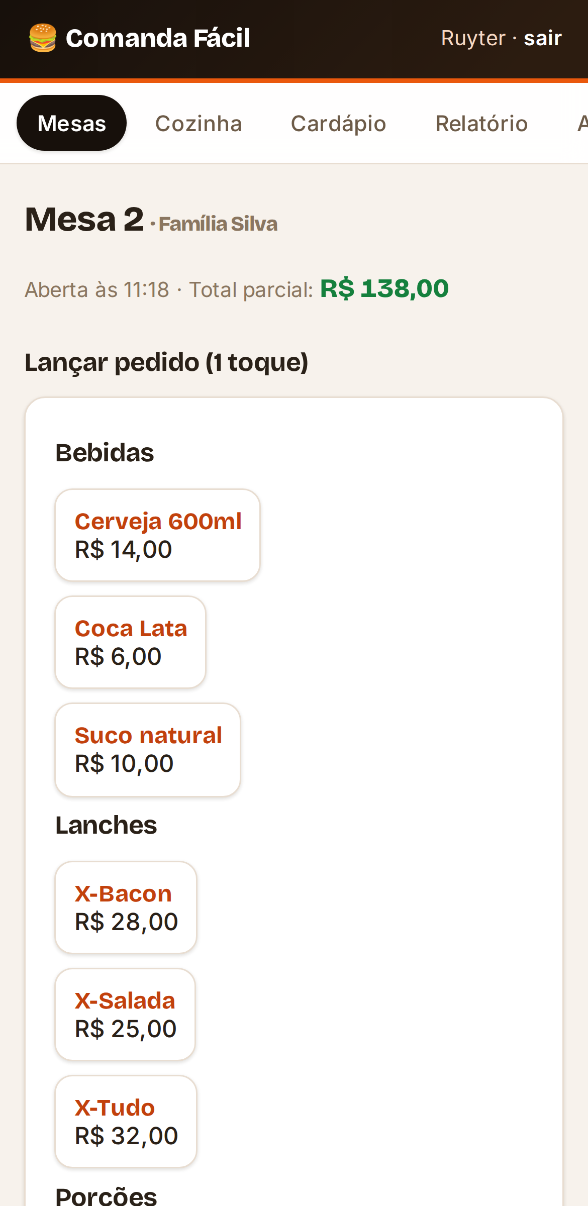 Tela real do Comanda Fácil: comanda da mesa 2 com itens e total