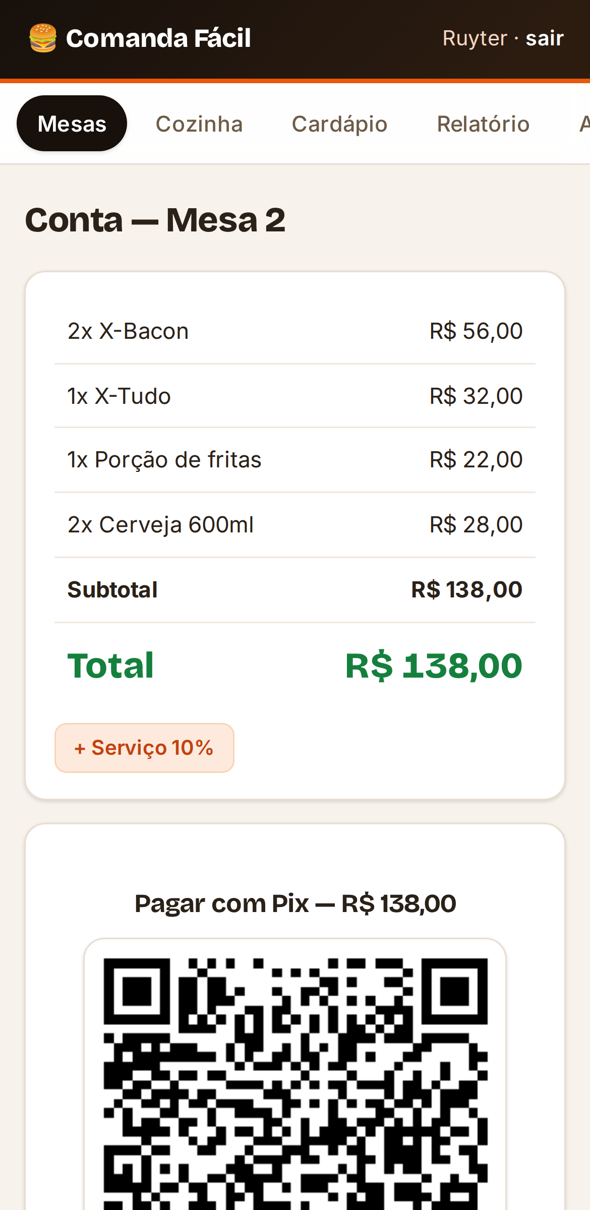 Fechamento da conta com itens, taxa de serviço e QR Pix com o valor