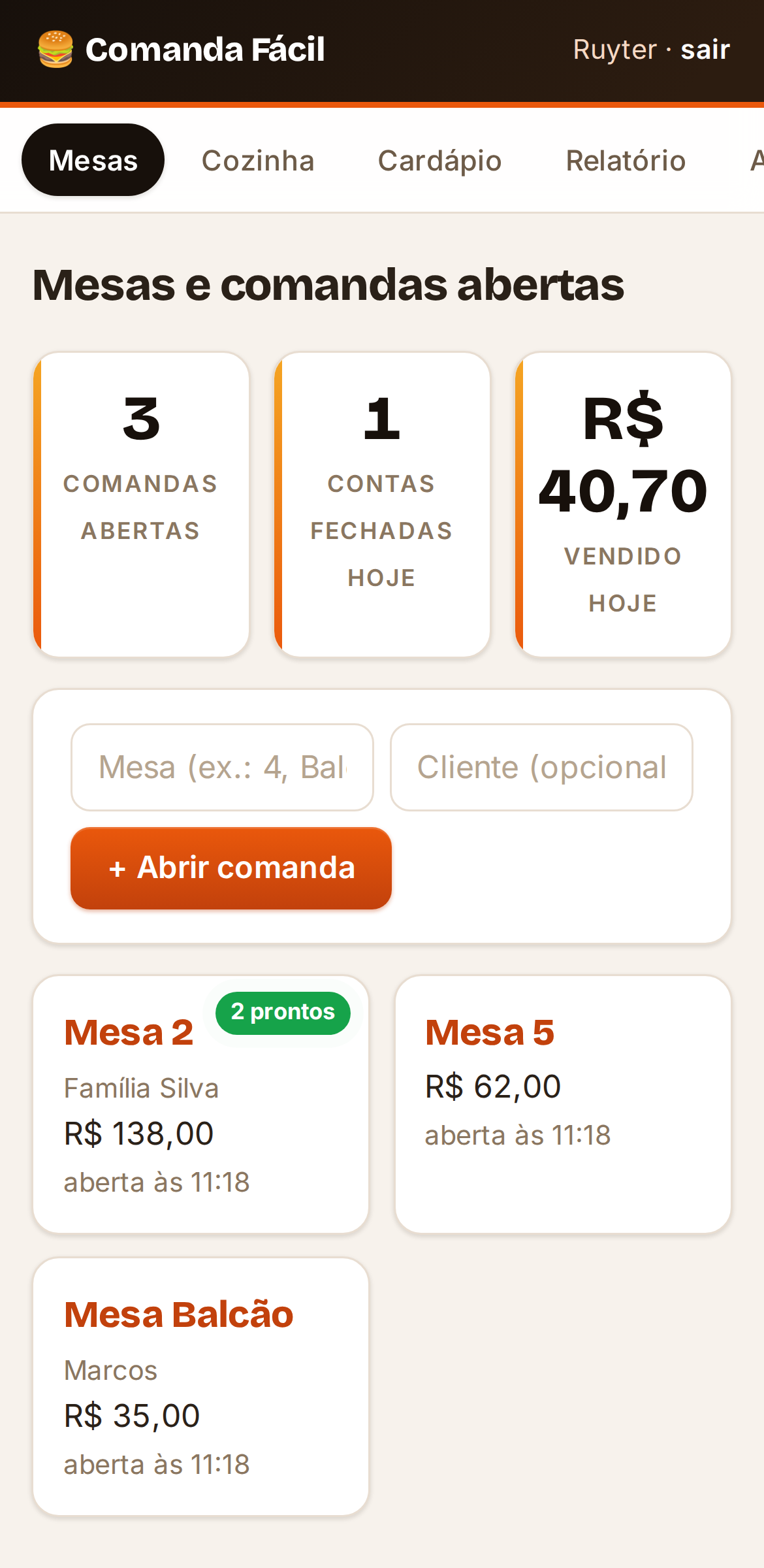 Painel de mesas abertas com totais e aviso de prato pronto
